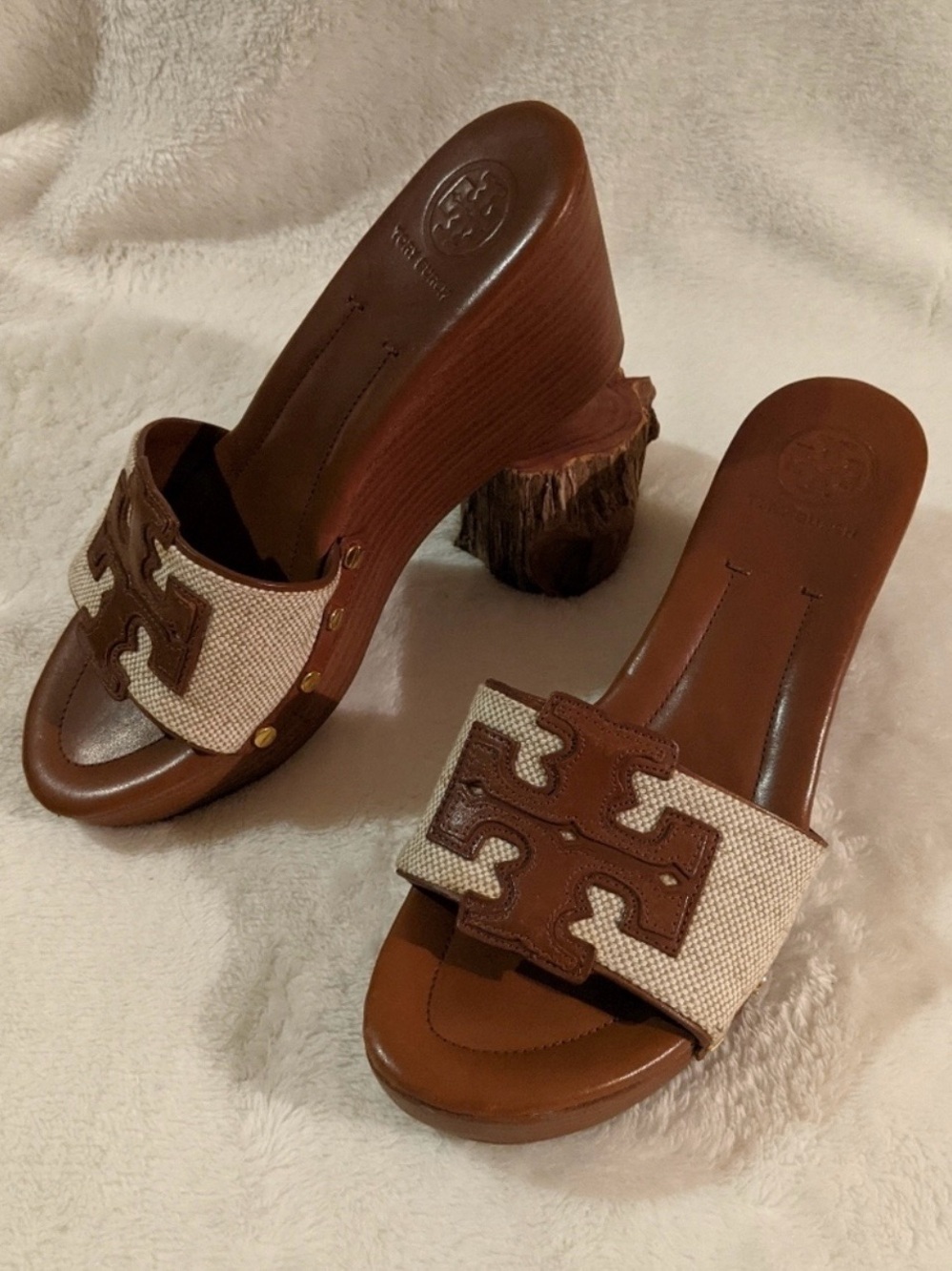 Tory Burch Brown Leather and Cream Canvas Wedge Slide Sandals